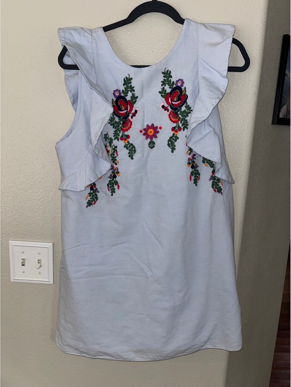 ZARA Trafaluc 100% Cotton Floral Embroidered Boho Flutter Sleeve Dress Large